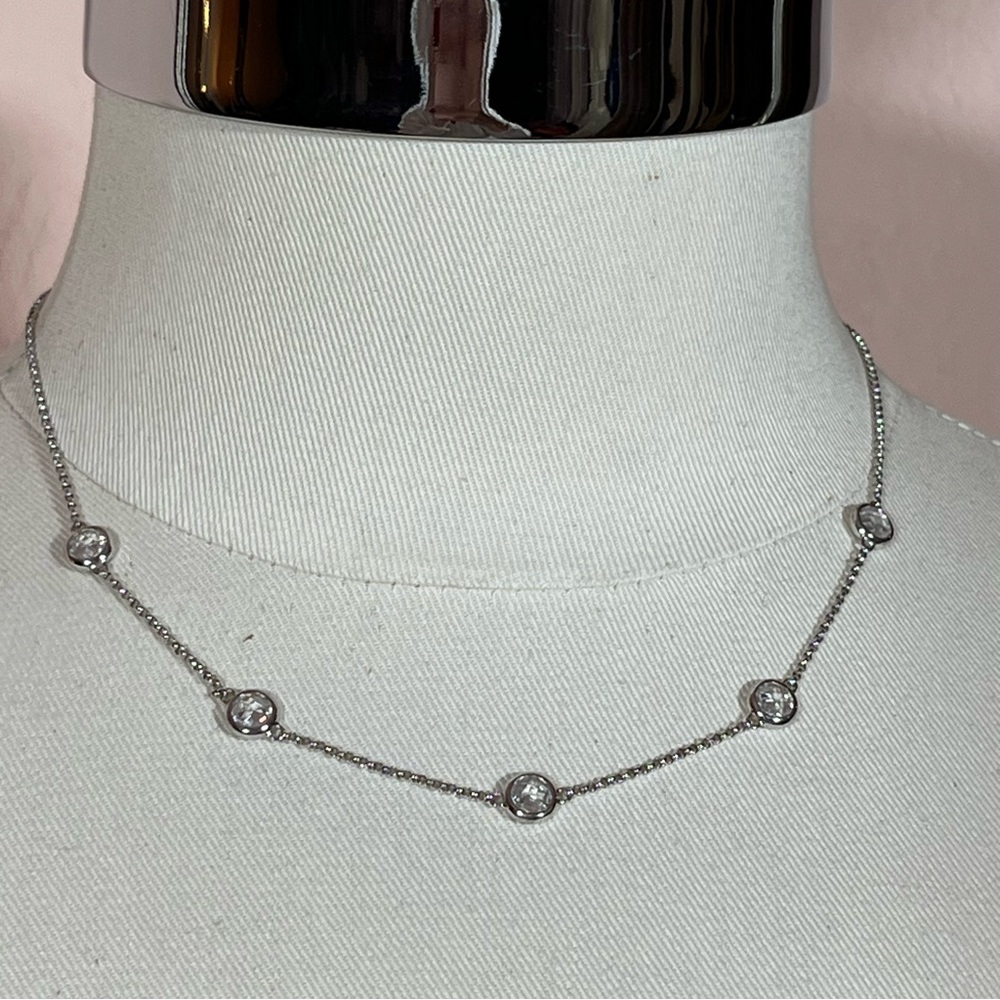 Sterling silver Art Deco Classic Bezel set CZ Station Choker Necklace